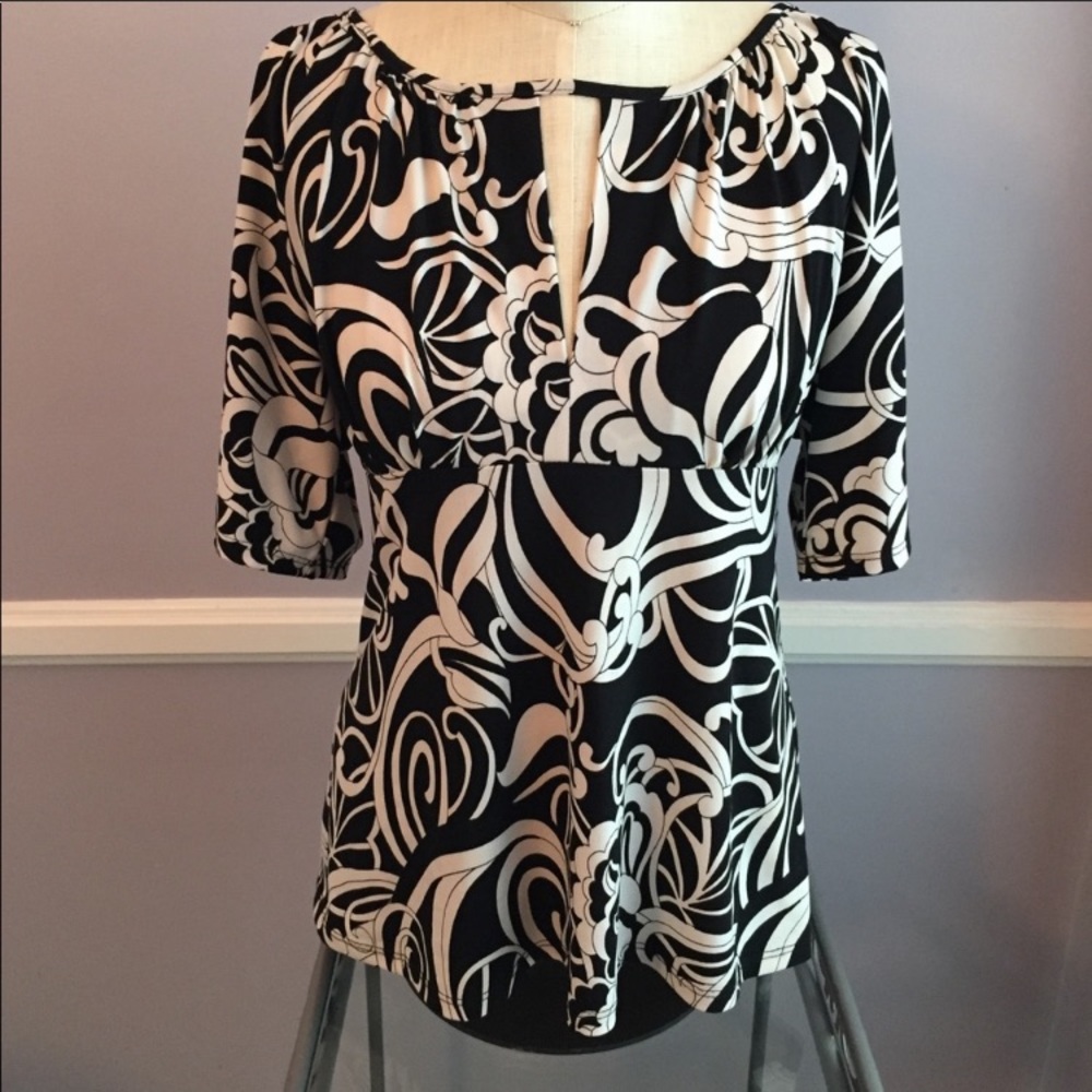 INC black white abstract print career top cut out neckline elbow sleeves Size M